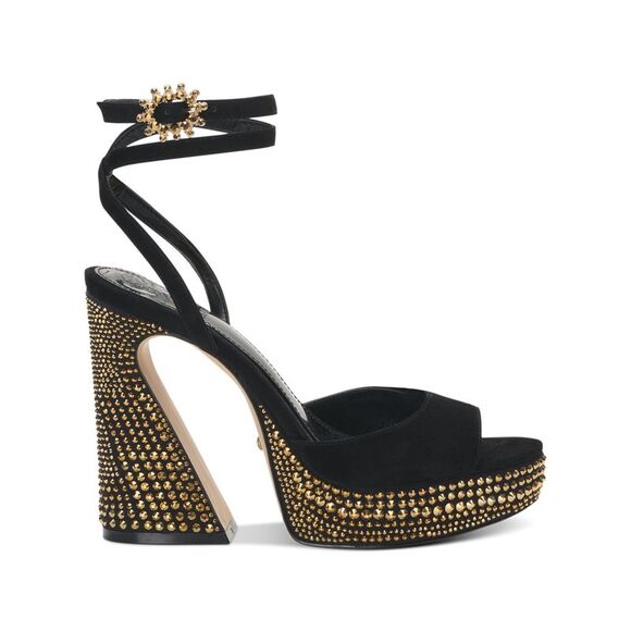 VINCE CAMUTO Womens Black Inna Round Toe Flare Leather Heeled Sandal 5.5 M - Picture 2 of 4